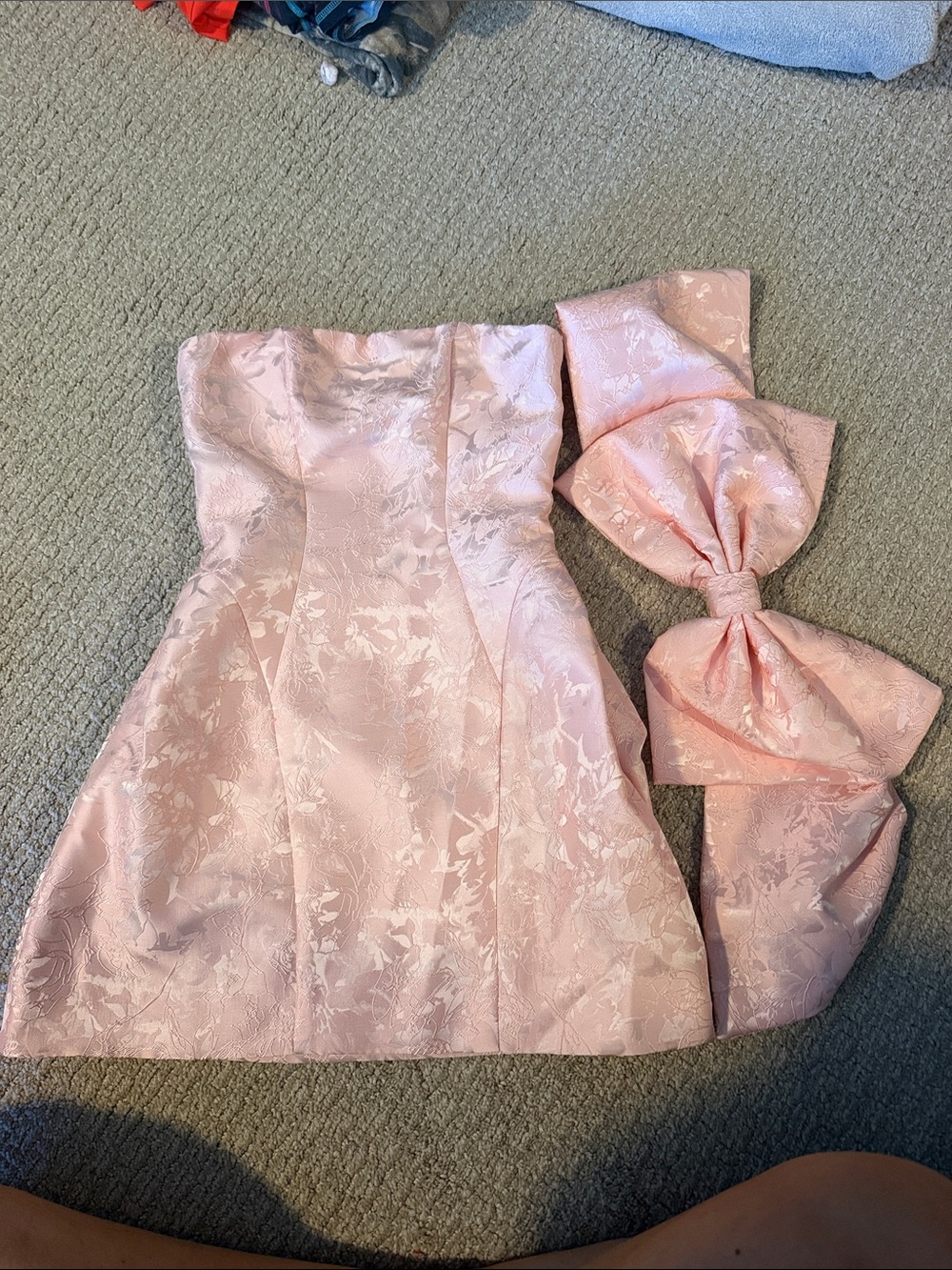 Baby Boo Pink Floral Jacquard Strapless Dress with Oversized Bow detachable